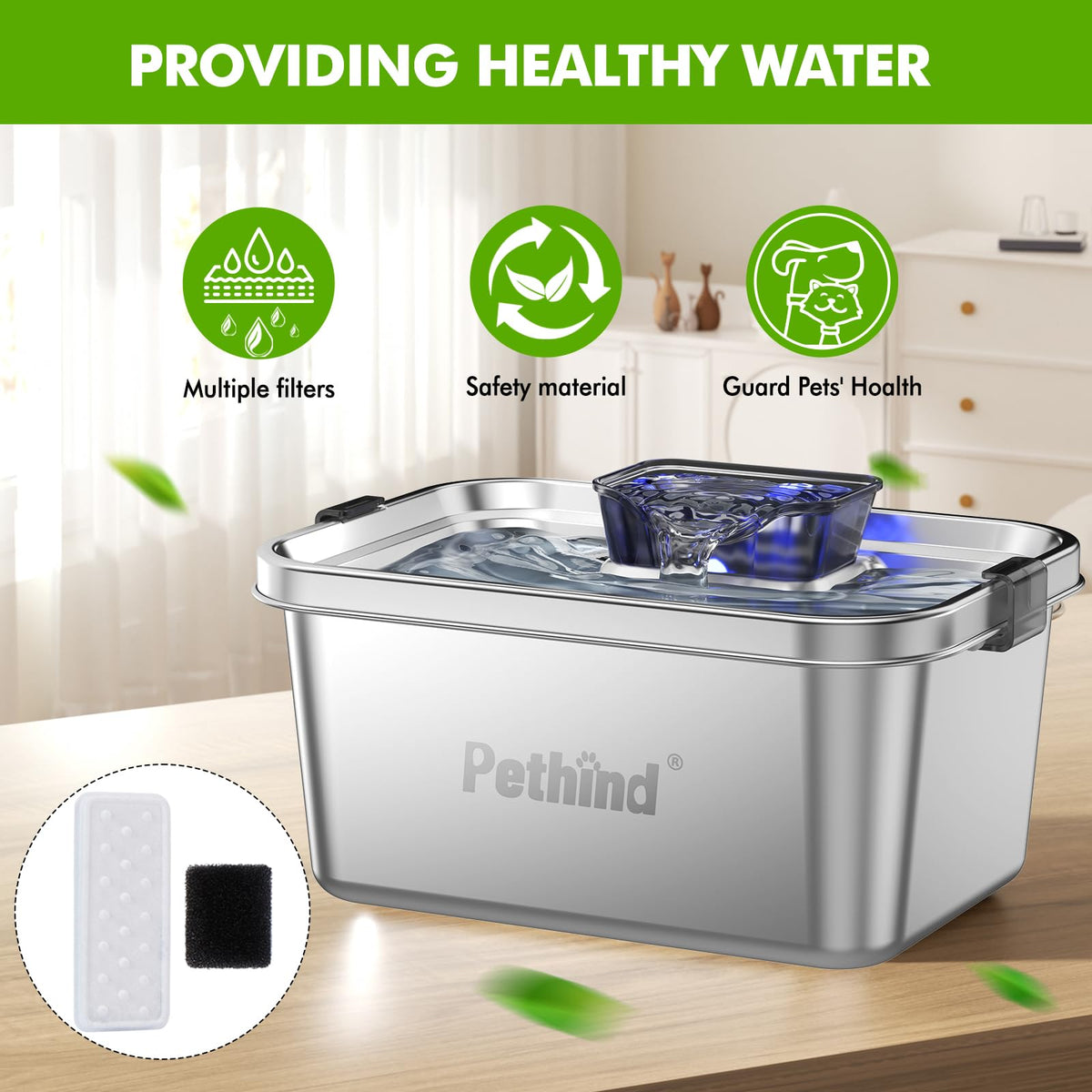 Dog Water Fountain 2 Gal, Stainless Steel Dog Water Fountain for Large Dogs Multi-Cats, Pet Water Fountain with Big Window, Super-Quiet Pump, Indoor Automatic Dog Water Bowl Dispenser Fountain Filters Dog fountain with filter