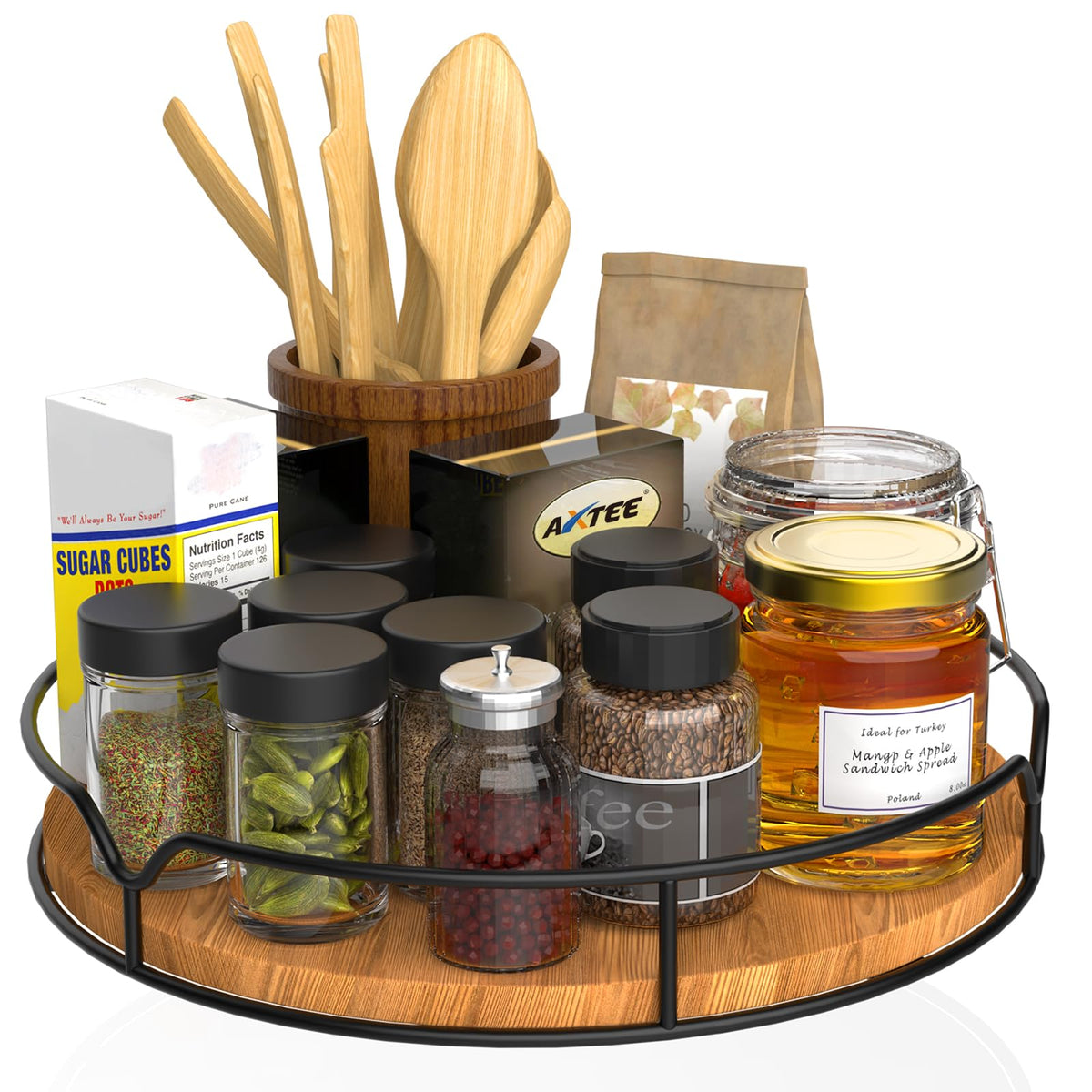 Lazy Susan Turntable Organizer for Cabinet Pantry Kitchen Countertop Refrigerator Cupboard, Pine Wood, 9", Carbonized Black 9''