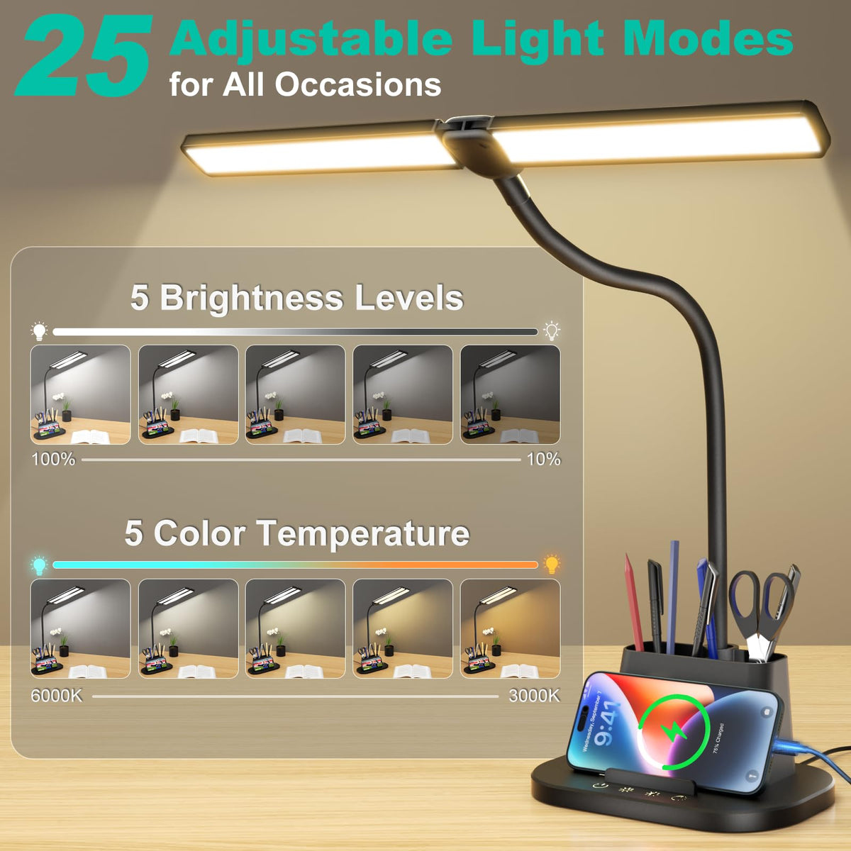 Airlonv LED Desk Lamp with Clamp, 17" Stepless Dimming Light, Black Standard