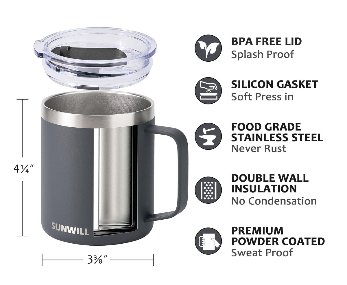 SUNWILL Insulated Coffee Mug, Stainless Steel 14 oz, Splash-Proof Lid Powder Coated Navy Blue 14 Ounces
