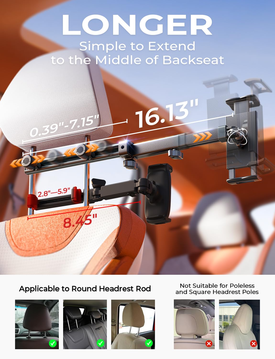 LISEN iPad Holder for Car Tablet Mount, 4 in 1 Adjust Arm Back Seat Stand 4.7-11.5“ Device