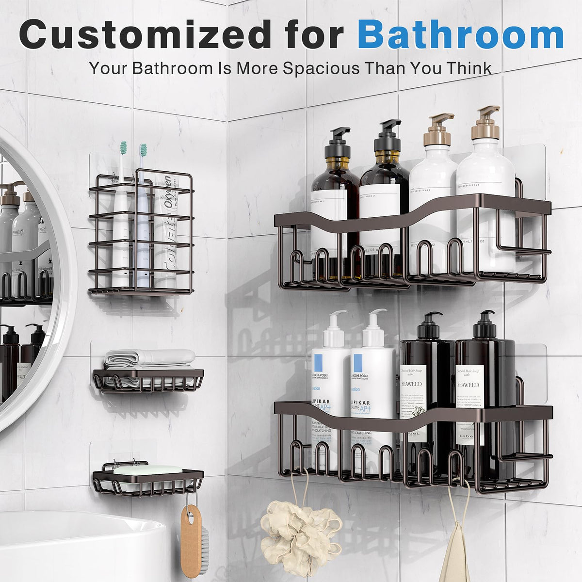 EUDELE Adhesive Shower Caddy, 5 Pack Rustproof Stainless Steel Bath Organizers With Large Capacity, No Drilling Shelves for Bathroom Storage & Home Decor Black