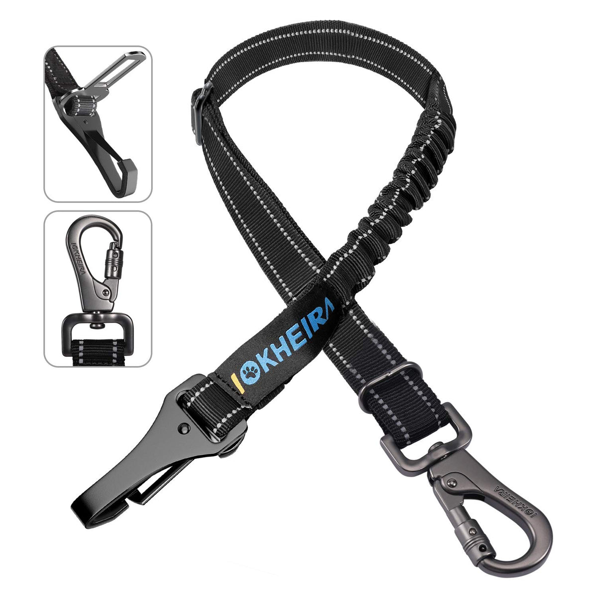 Dog Seat Belt 3-in-1 Car Harness for Dogs Adjustable Safety Seatbelt for Car Nylon Reflective Bungee Fabric Dog Car Harness with Clip Hook Latch & Buckle, Swivel Zinc Alloy Carabiner (Black) Black