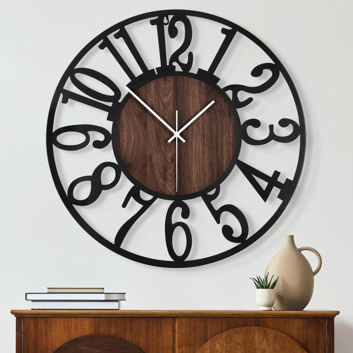 Maxstar Round Wall Clock for Living Room Decor Battery Operated Non Ticking Black Metal Wood Clocks for Home Living Room Garden Office Kitchen Decoration -16 inch Black-arabic Numerals 16 Inch