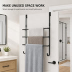 Over The Door Towel Rack, 3 Tier Metal Towel Bars with 2 Hooks for Bathroom,Add Extra Storage with 3 Fixed Towel Bars, 2 Bottom Hooks and Adhesive Pads—Perfect for bathrooms, bedrooms and RVs.