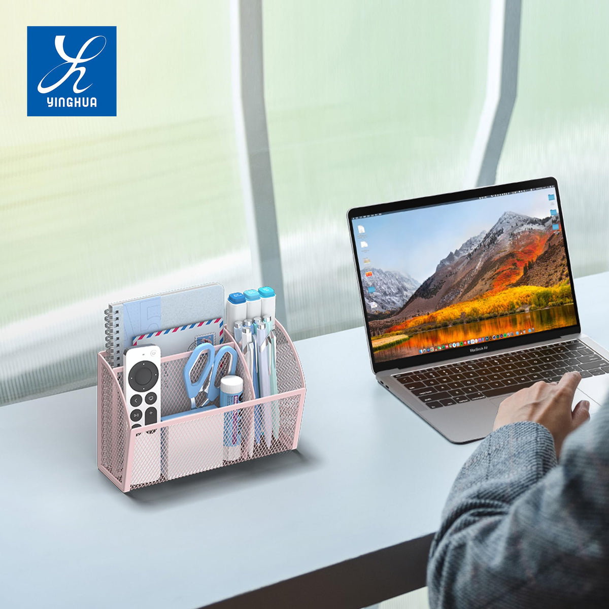 YINGHUA 3 Compartment Magnetic Metal Mesh Pen Holder, White Desk Caddy