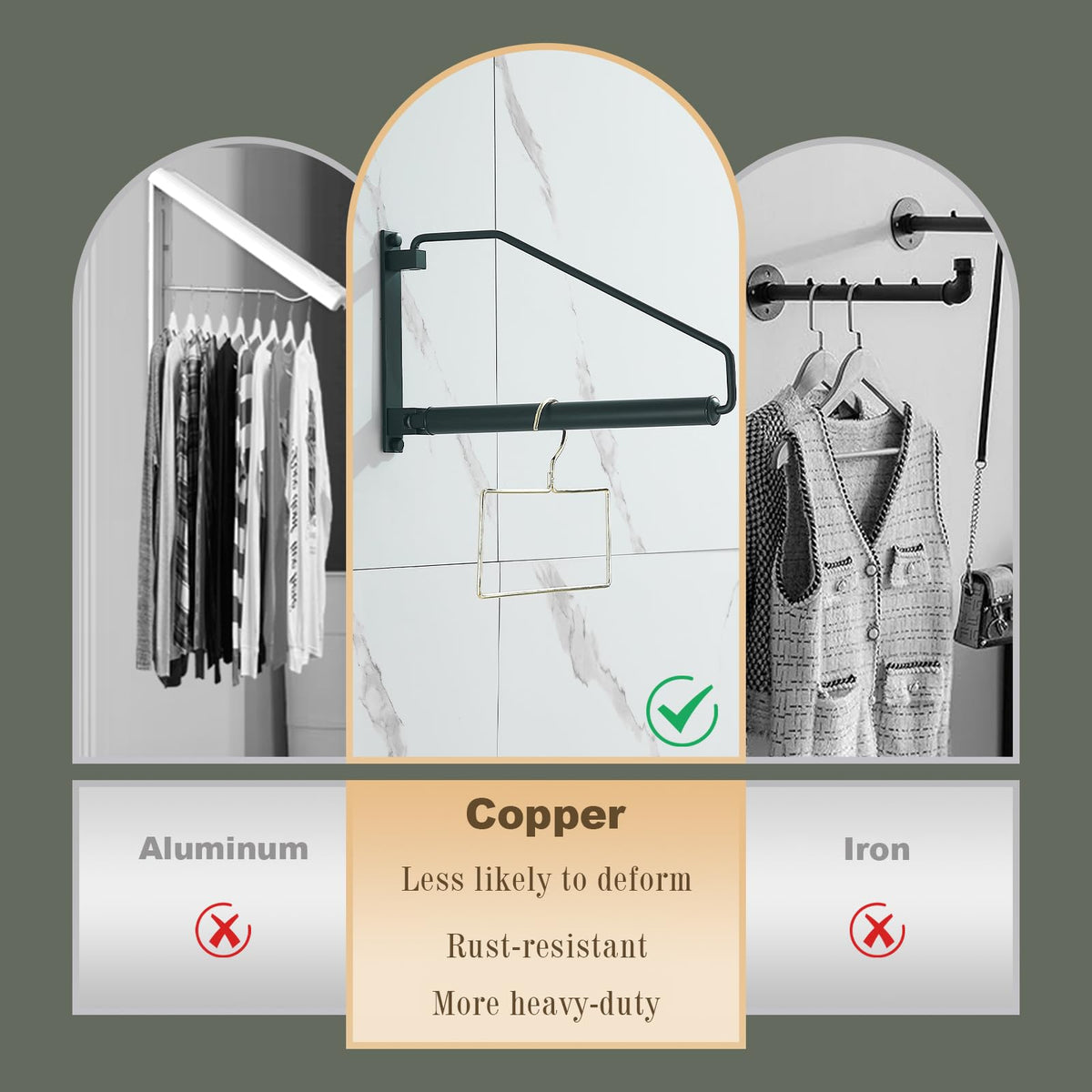 NEWRAIN Folding Wall Mounted Clothes Hanger Rack Clothes Hook Solid Brass with Swing Arm Holder Clothing Hanging System Closet Storage Organizer Heavy Duty Drying Rack Wall Mount,Brushed Gold Triangle Brushed Gold