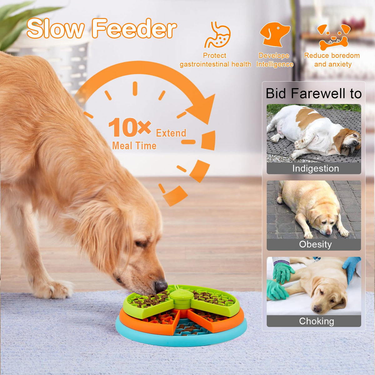 Atdoall Slow Feeder Dog Bowl, 3-Level Interactive Dog Puzzle Feeder Orange