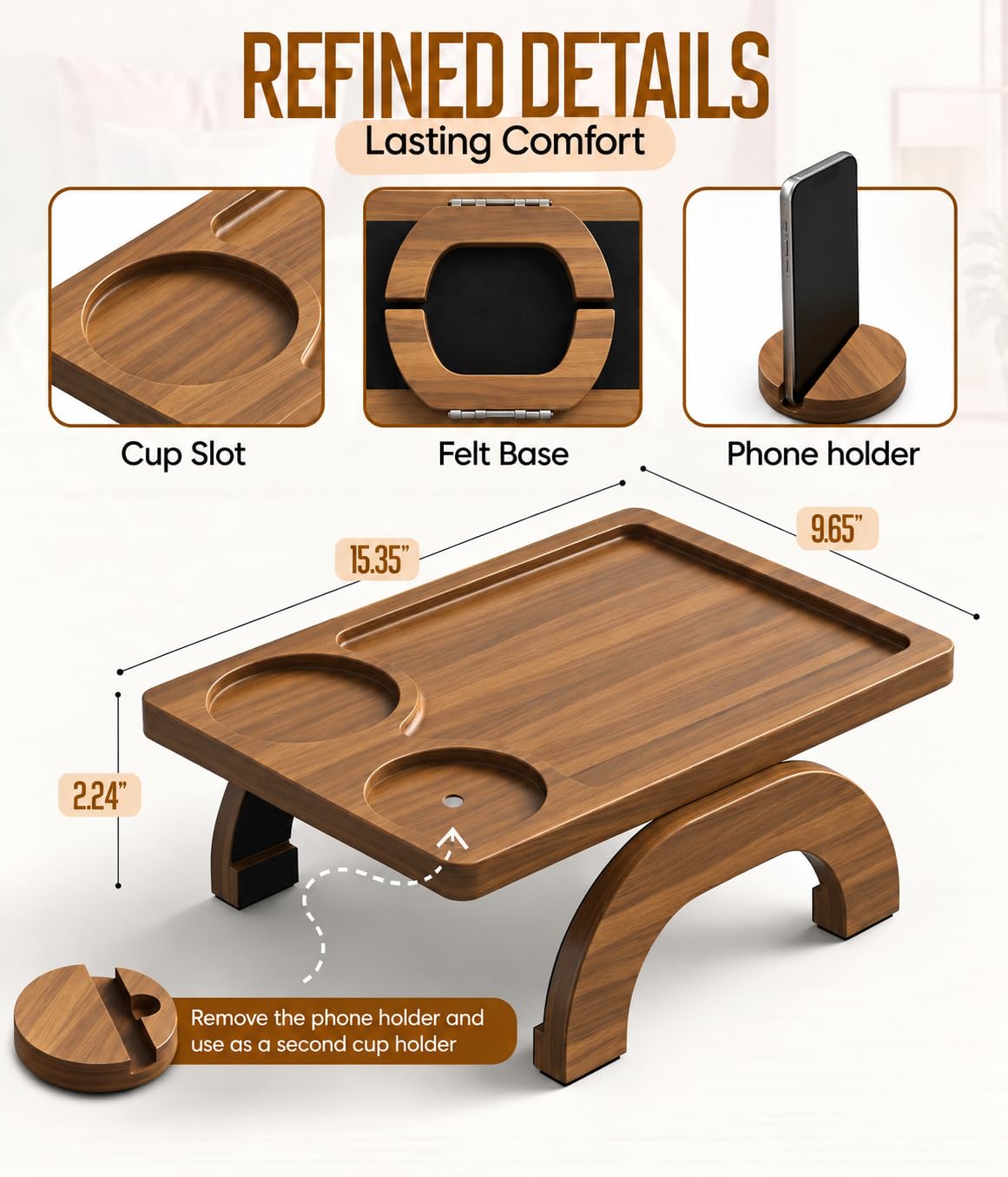 Acacia Wood Sofa Arm Tray - 3-in-1 Couch Arm Table with Phone Holder, Cup Holder & Foldable Tray - Armrest Clip-On Design for Couch with 360° Rotated Phone Holder