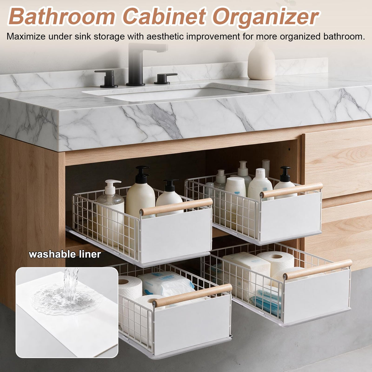 2 Pack Pull Out Cabinet Organizer Slide Out Storage Baskets with Wooden Handle, Spice Rack for Kitchen, Pantry Shelves No Drill Pullout Drawers for Under Sink, 6.6''H*9.3''W*15.7''D White 2 Pack