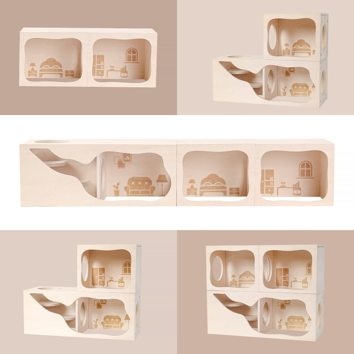 Wooden Hamster Hideout House, Small‑Pet Habitat Tunnel, Living Room