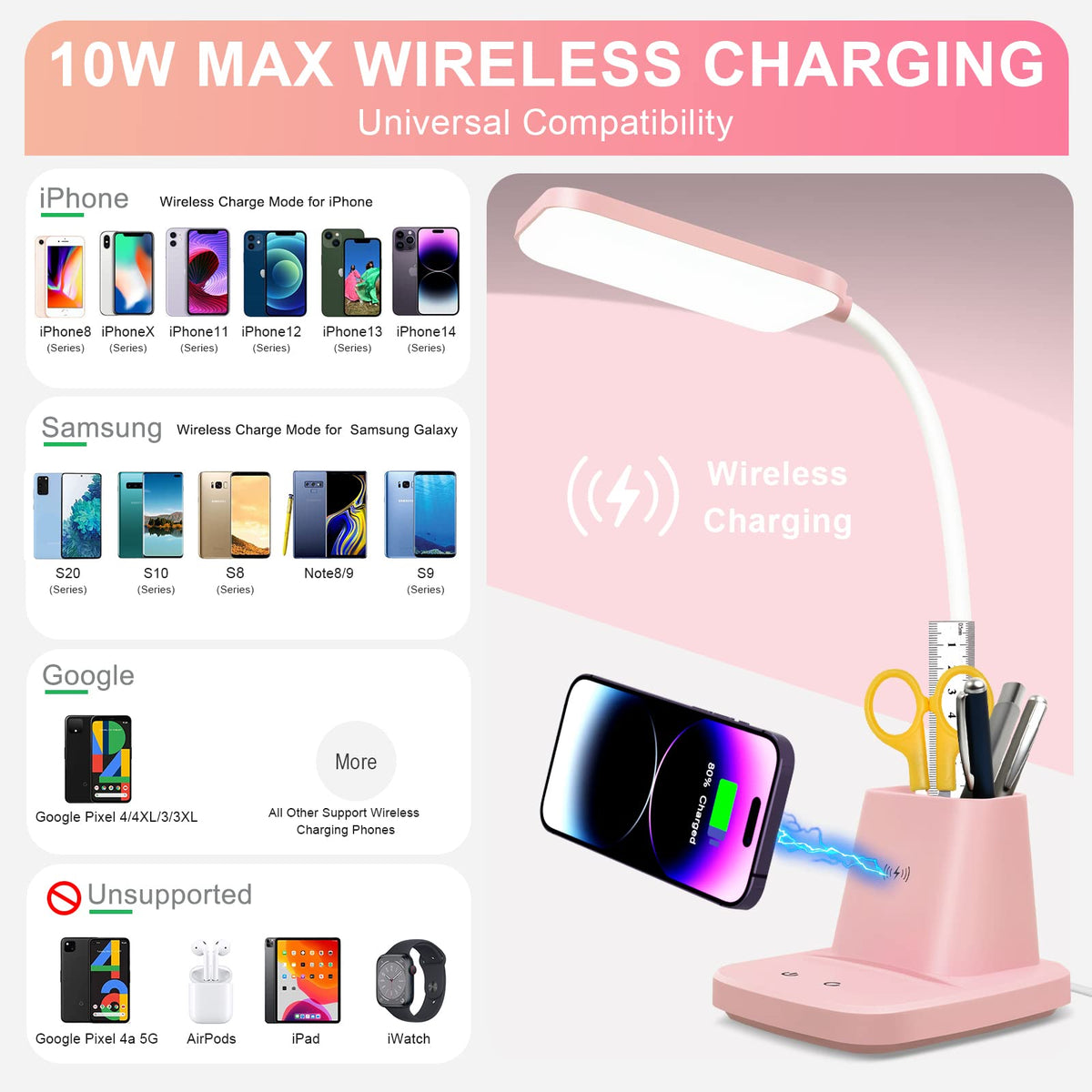 10W Wireless Charging LED Desk Lamp with Clock, Light Black