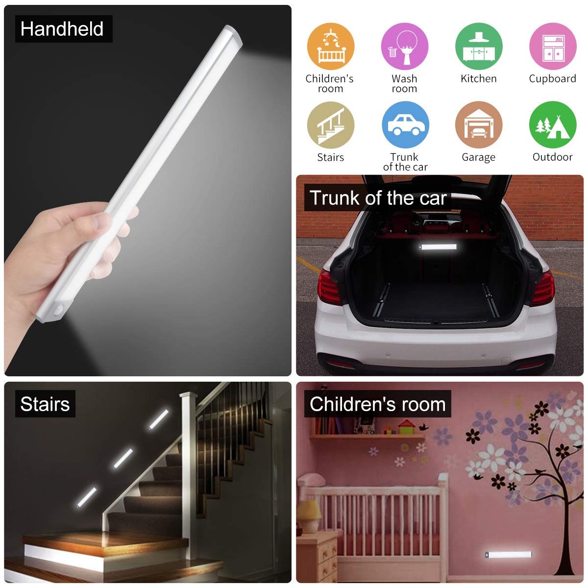 LED Motion Sensor Light,Under Counter Lighting, Wireless USB Rechargeable Kitchen Night Lights,Battery Powered Operated Light,54-LED Light for Wardrobe,Closets,Cabinet,Cupboard, 2 Count (Pack of 1) Silver-white Light 54 LED