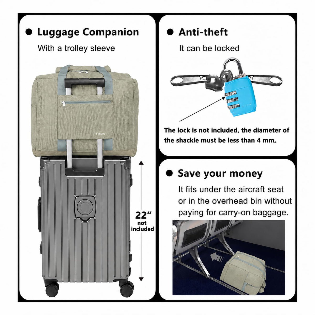 Foldable Travel Duffle Bag with Trolley Sleeve 40L Travel Bag Black