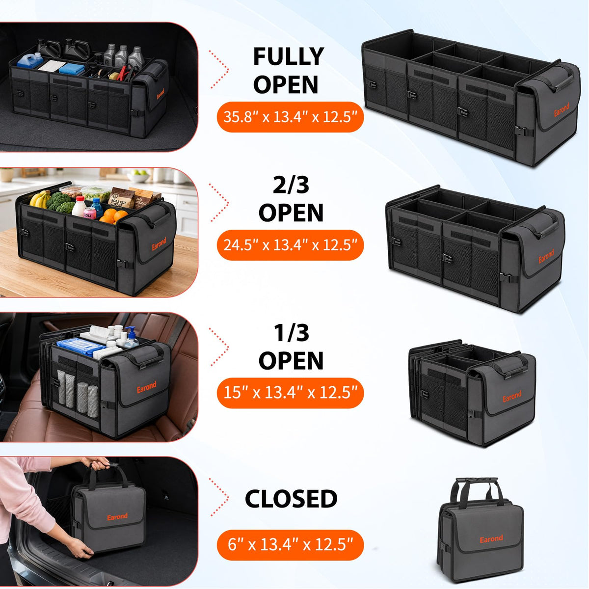 Collapsible Trunk Organizer with Insulated Leakproof Cooler Bag,Removable Lid,Adjustable Securing Straps,3 Compartments Trunk Organizer for SUV,Truck,Sedan(Grey & Black) Black&Grey With Cooler