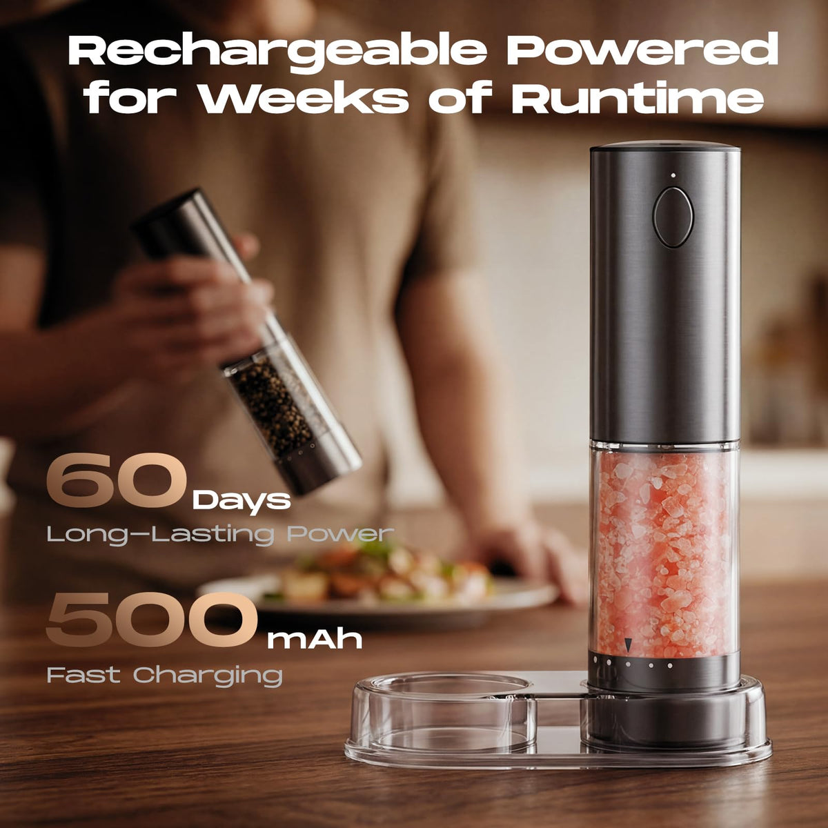 Electric Salt and Pepper Grinder Set, Battery Automatic Salt and Pepper Shaker with Adjustable Coarseness, Large Capacity Pepper Mill with LED White Elephant Gifts(Battery-Stainless Steel) Battery-Stainless Steel 2-Pack