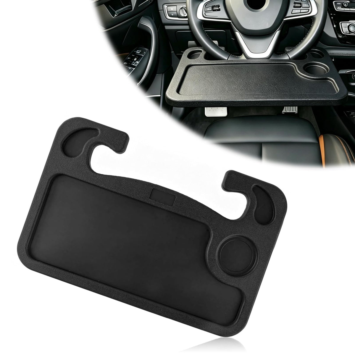 Multipurpose 2 in 1 Car Steering Wheel Desk Tray Laptop Mount and Food Table for Eating with Drink and Pen Holder Compatible with Most Vehicles (Black) black
