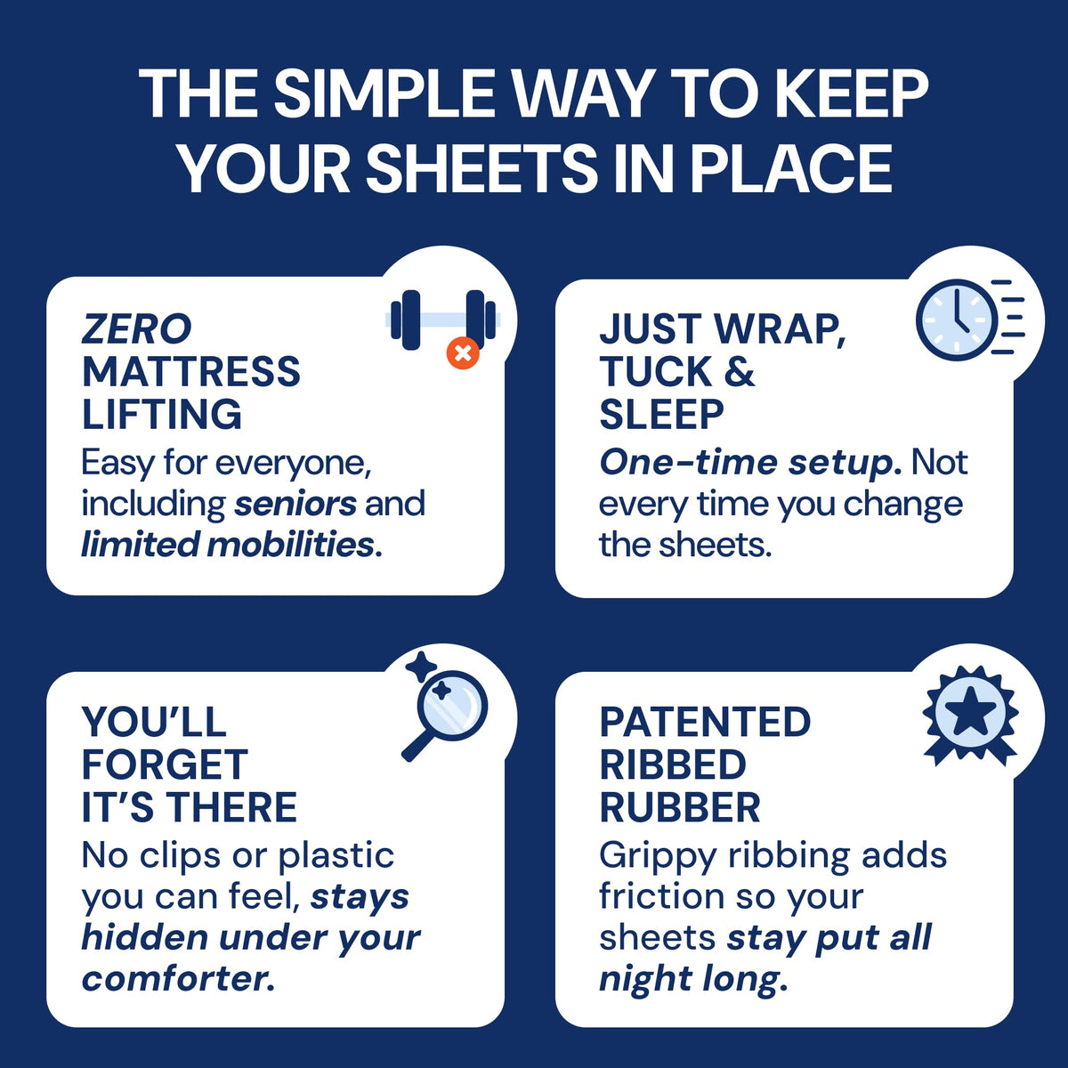 RUBBER HUGGER Elastic Fitted Sheet Straps - King 76x80, Anti-Slip