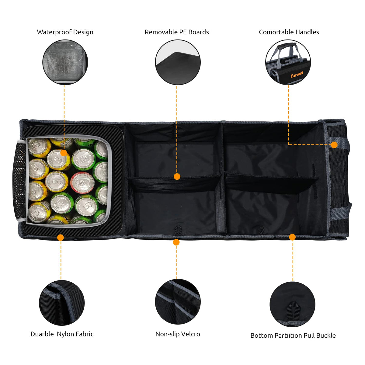 Collapsible Trunk Organizer with Insulated Leakproof Cooler Bag,Removable Lid,Adjustable Securing Straps,3 Compartments Trunk Organizer for SUV,Truck,Sedan(Grey & Black) Black&Grey With Cooler