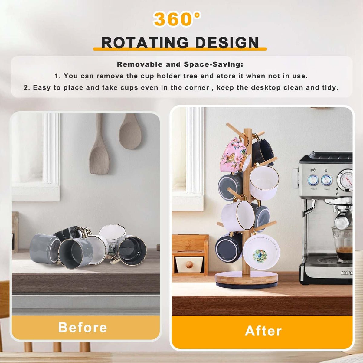 Mug Holder Tree, Upgraded 360° Rotated 8 Hooks Coffee Mug Holders for Counter, Bamboo Mug Rack Stand for Coffee Bar Accessories