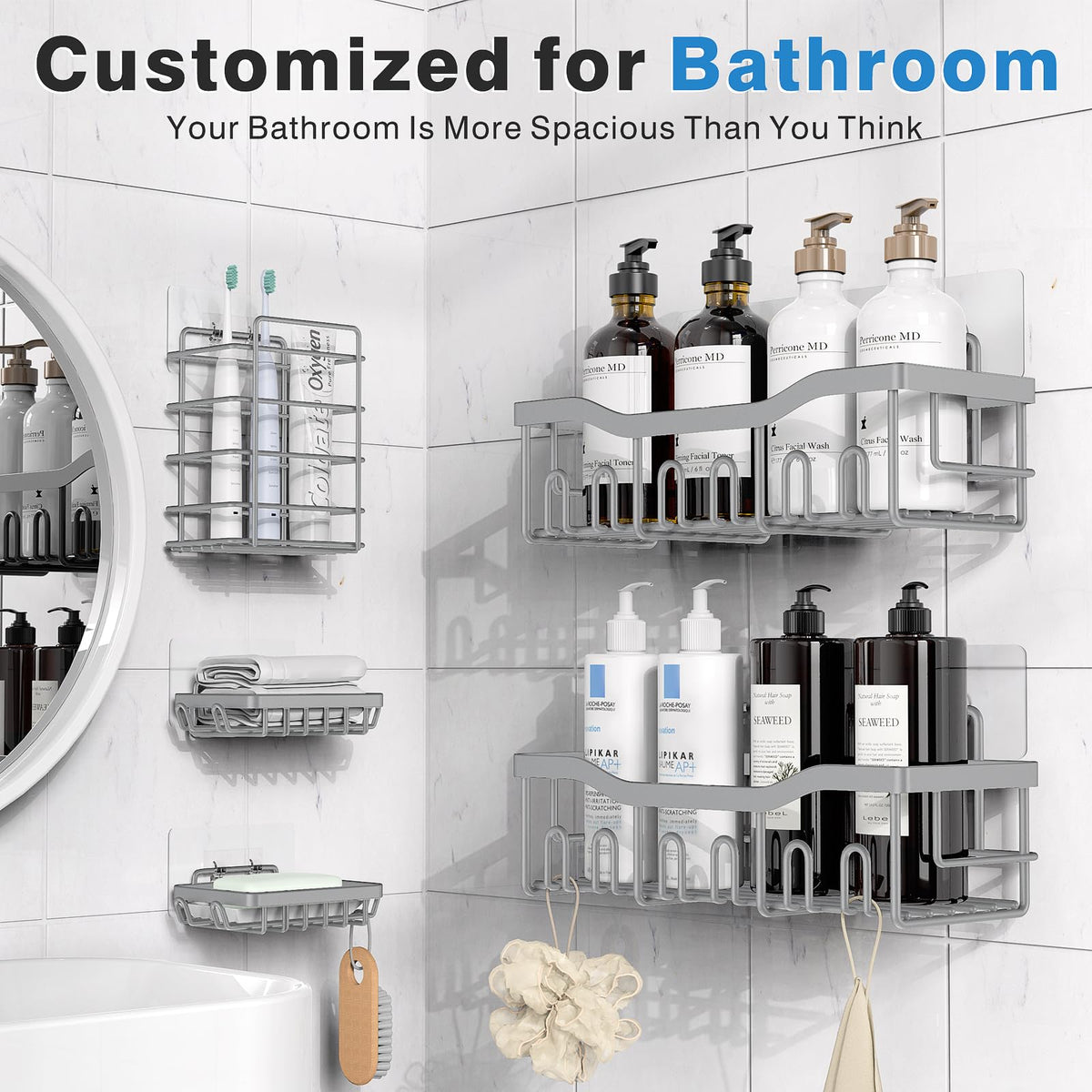 EUDELE Adhesive Shower Caddy, 5 Pack Rustproof Stainless Steel Bath Organizers With Large Capacity, No Drilling Shelves for Bathroom Storage & Home Decor Black