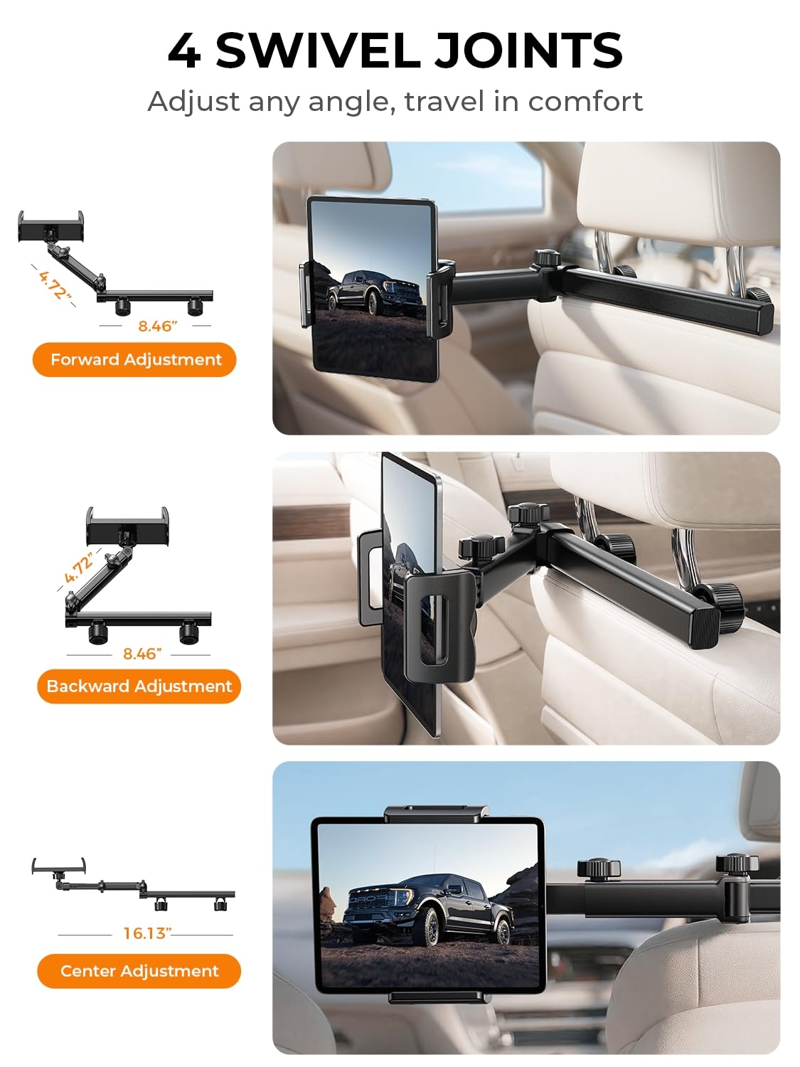 LISEN iPad Holder for Car Tablet Mount, 4 in 1 Adjust Arm Back Seat Stand 4.7-11.5“ Device