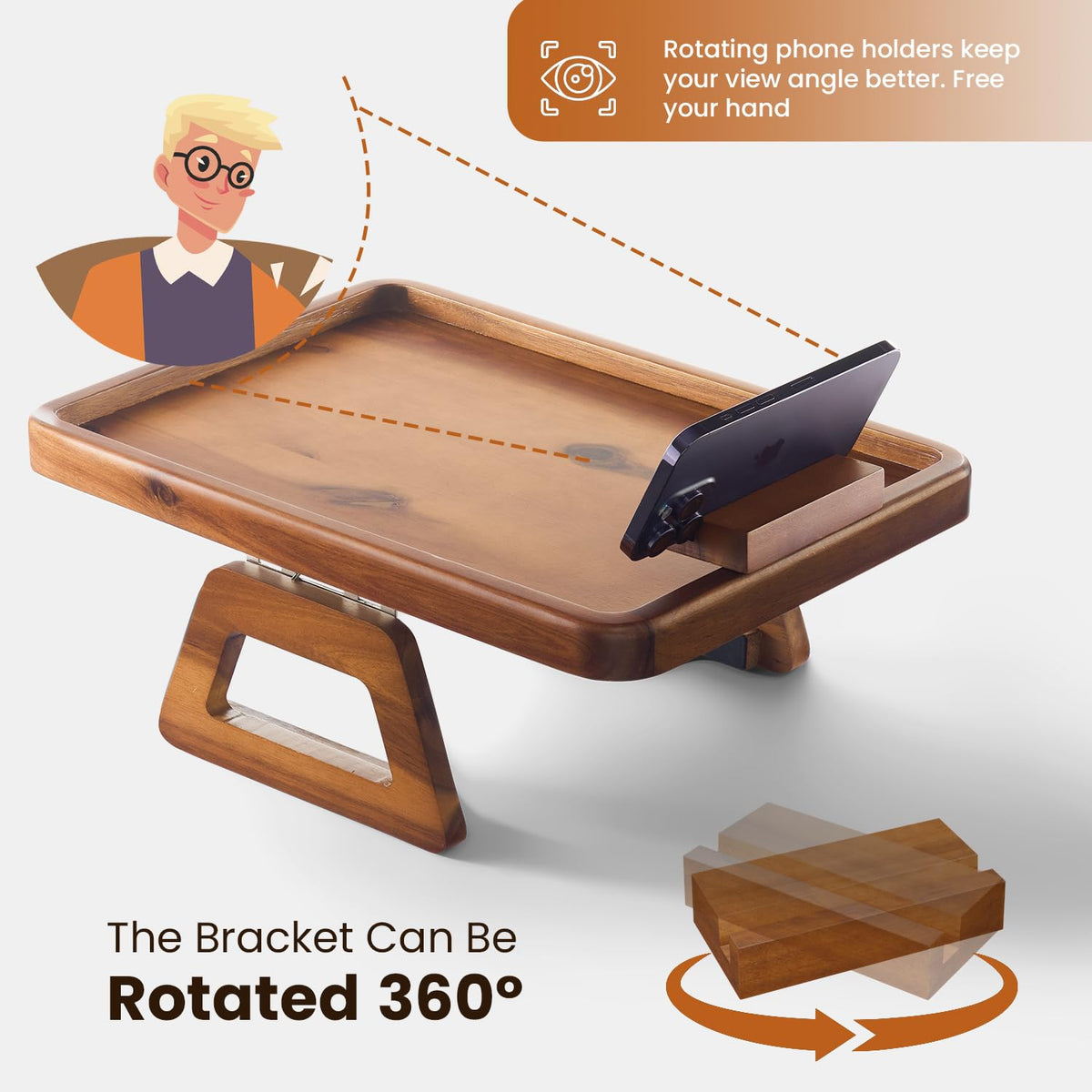 TINAMO Sofa Arm Tray with 360° Phone Holder, Clip-On Tray, Walnut Finish 13.8" x 9.5" x 1"