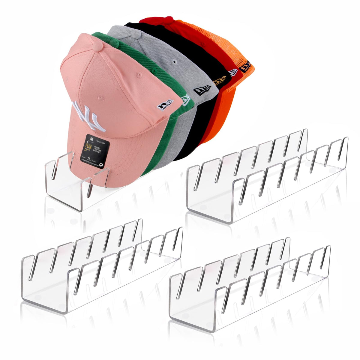 Hat Organizer for Baseball Caps Hat Rack Acrylic Hat Stand 4Pack No Install Clear-4Pack