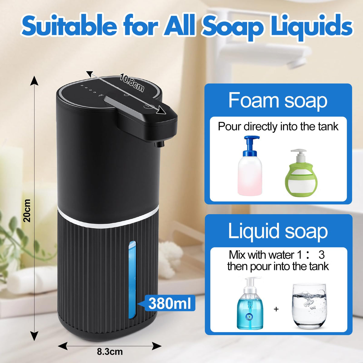 Automatic Soap Dispenser, Foaming Soap Dispenser Touchless with Continuous Dispensing, 4-Level Adjustable, Rechargeable Hand Soap Dispensers, Wall Mounted or Countertop for Bathroom & Kitchen Gold