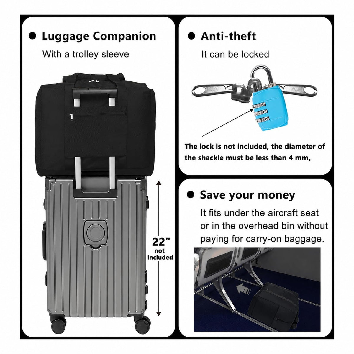 Foldable Travel Duffle Bag with Trolley Sleeve 40L Travel Bag Black