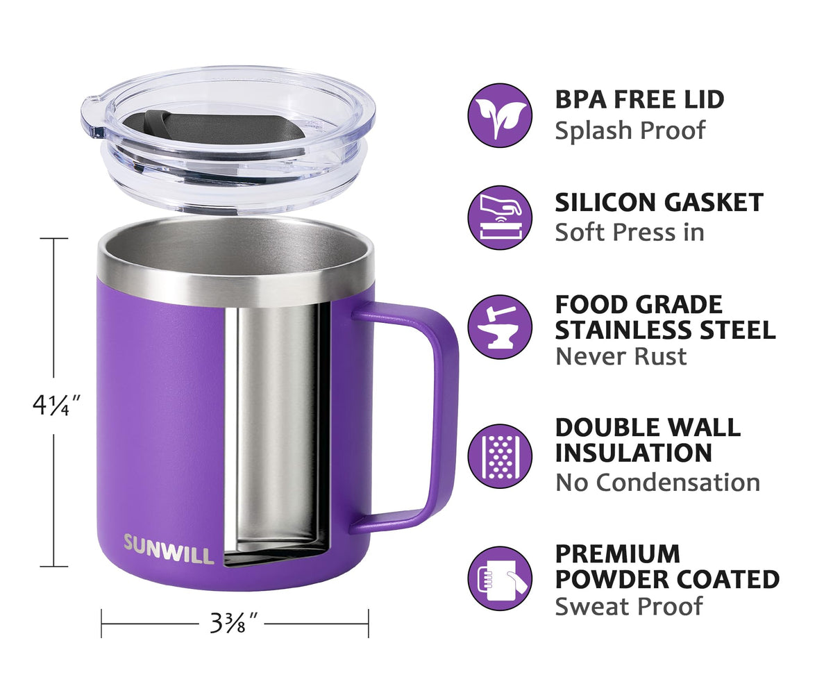 SUNWILL Insulated Coffee Mug, Stainless Steel 14 oz, Splash-Proof Lid Powder Coated Navy Blue 14 Ounces