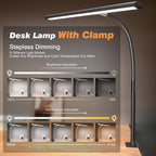 Airlonv LED Desk Lamp with Clamp, 17" Stepless Dimming Light, Black Standard