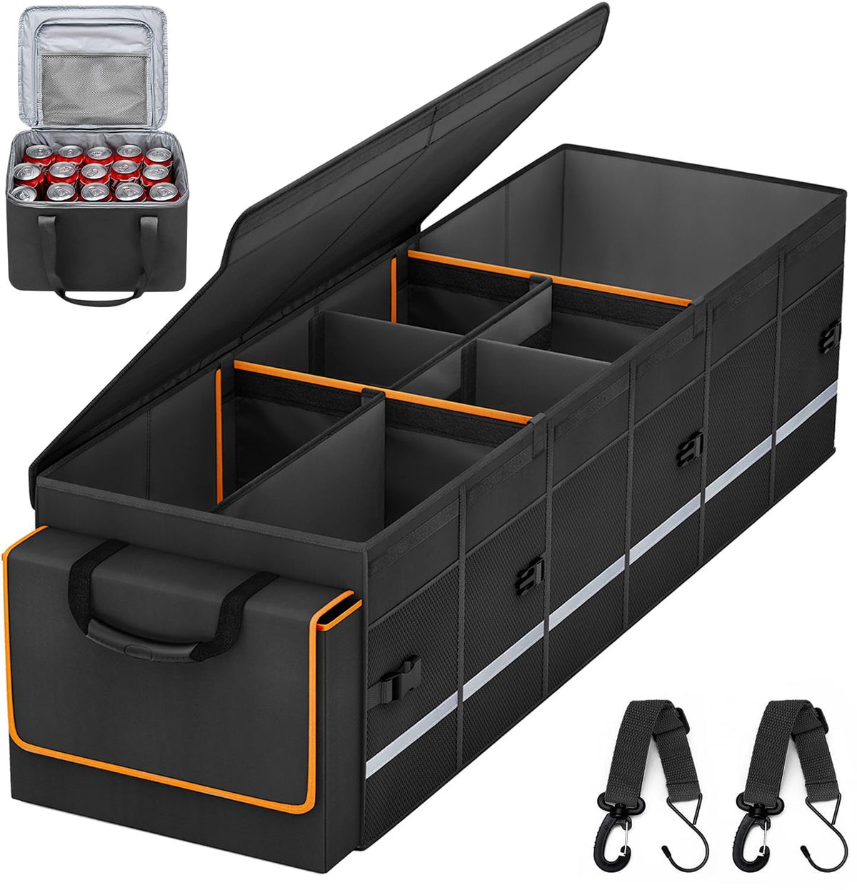 Car Trunk Organizer and Storage with Lid & Removable Leakproof Cooler Bag, Car Accessories 6 Removable Dividers for Custom Space, Collapsible Large Trunk Organizers Interior for SUV Sendan with Cover Black