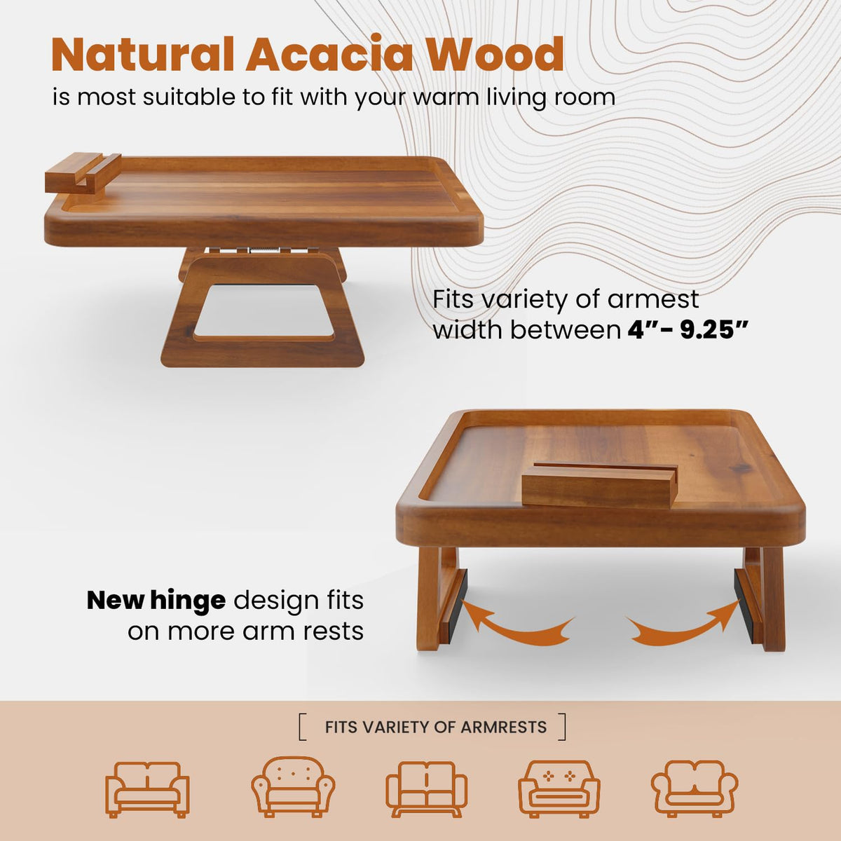 TINAMO Sofa Arm Tray with 360° Phone Holder, Clip-On Tray, Walnut Finish 13.8" x 9.5" x 1"