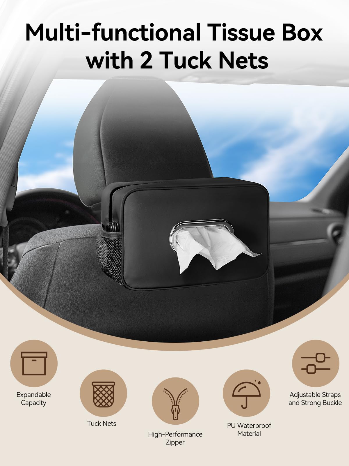 Multi-Functional Car Tissue Holder with ‌2 Storage Nets, Tissue Box Cover Black
