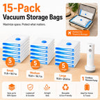 12 Pack Vacuum Bags for Travel with Rechargeable Pump, Save Luggage Space Clear 12 Combo