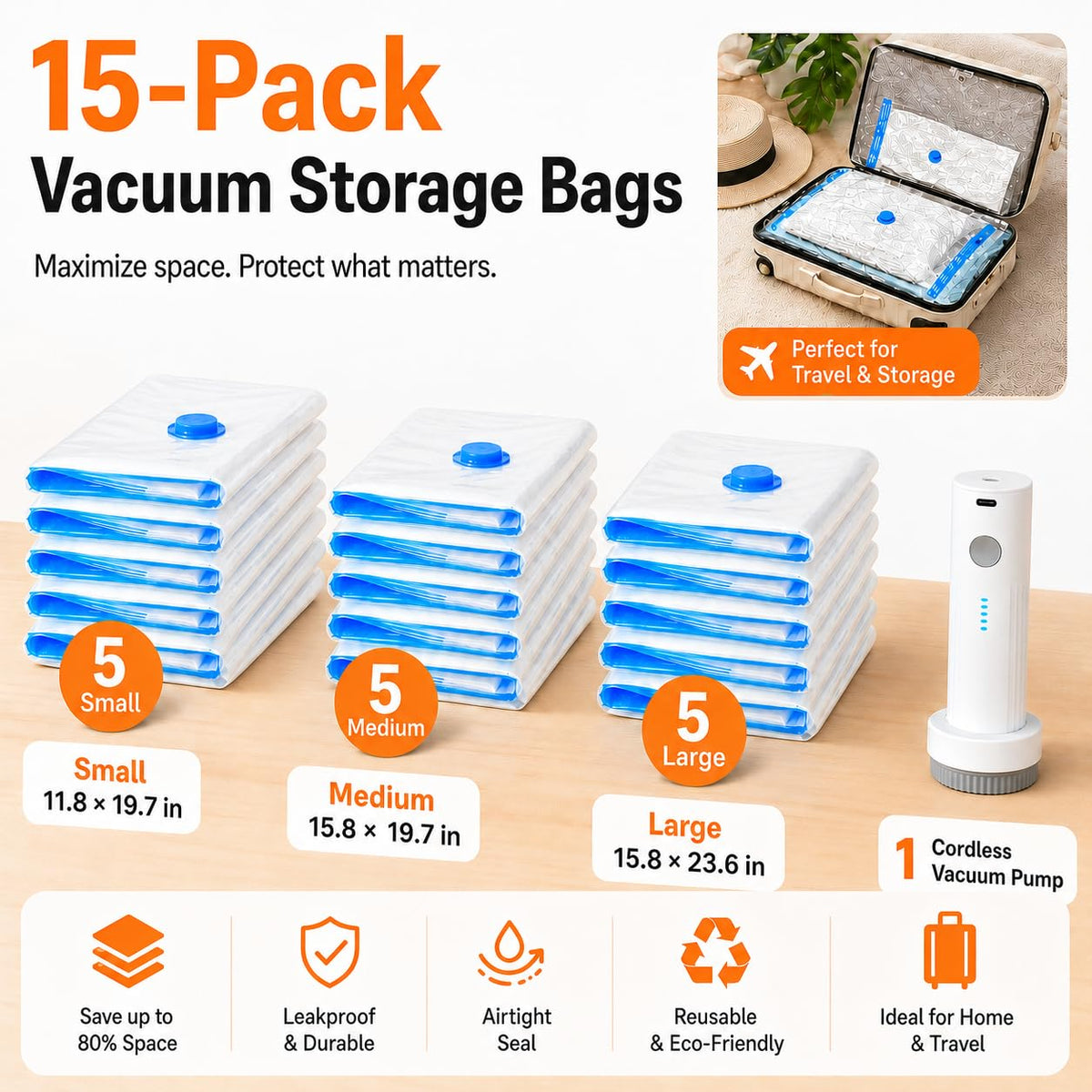 12 Pack Vacuum Bags for Travel with Rechargeable Pump, Save Luggage Space Clear 12 Combo