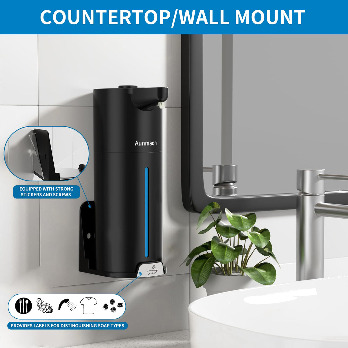 Automatic Soap Dispenser Touchless,15-Level,Kitchen Bathroom Black Bright Black