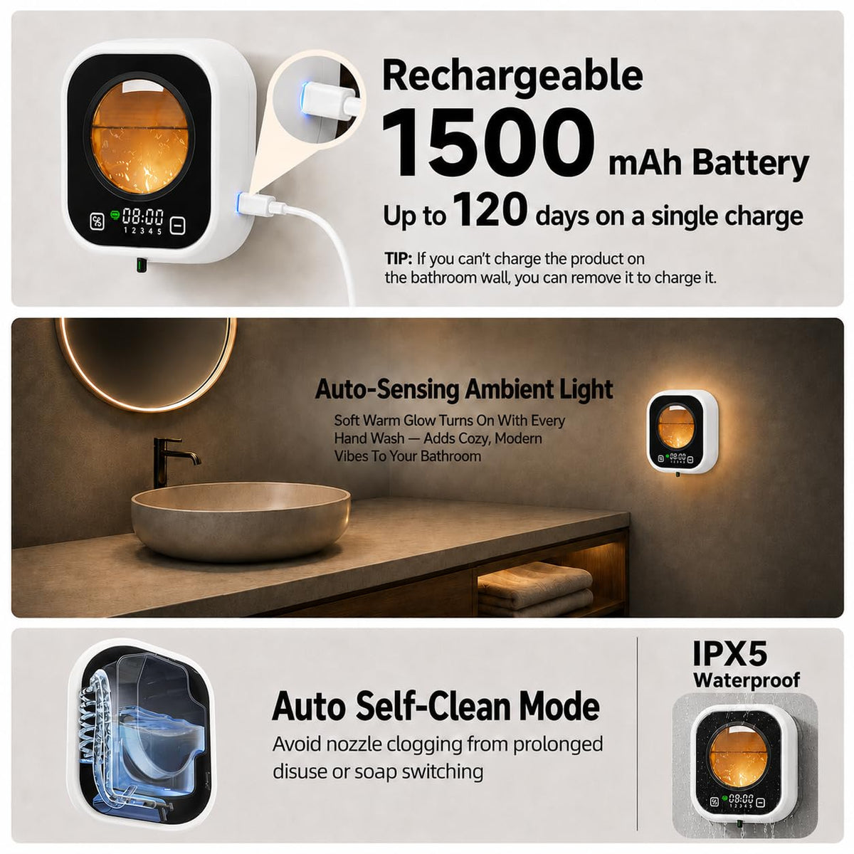 Automatic Soap Dispenser Touchless, Wall Mount, Rechargeable, Mood Lighting Black