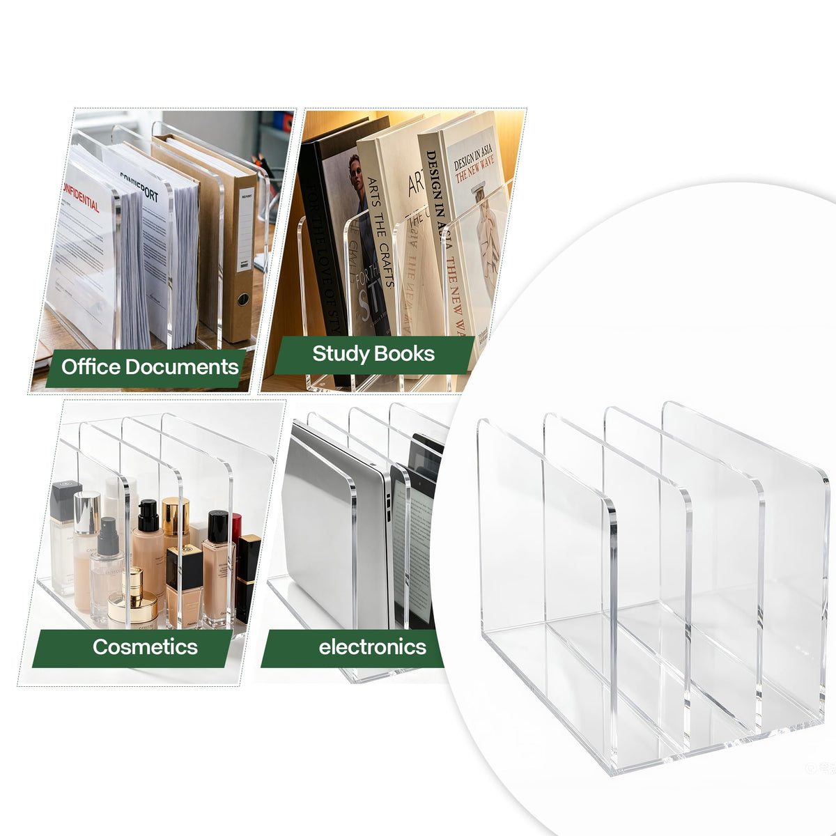 Acrylic Magazine File Holder, 4 Vertical Compartments Desk Document Sorter Organizer, Clear Folder Rack Binder for Office/Home/Classroom, for Documents, Tablet, Magazines, Books & Accessories B5, 4 Sections