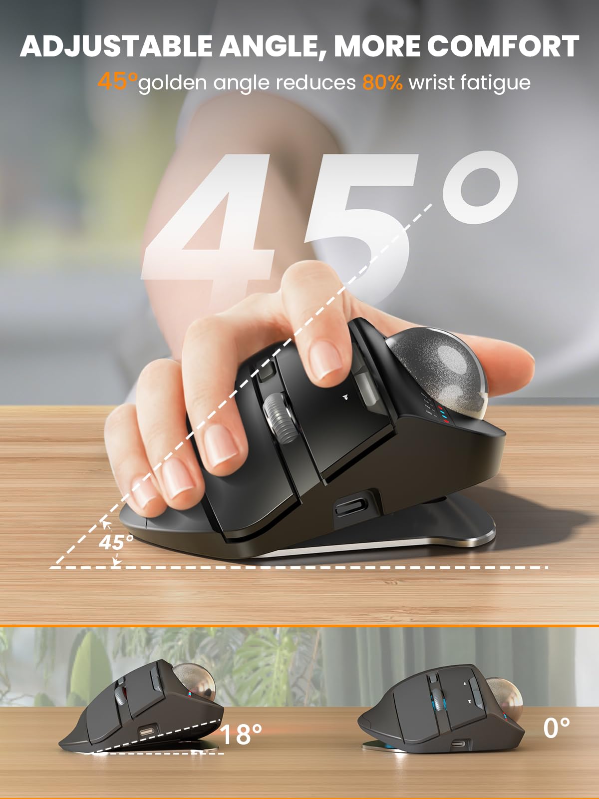 Ergonomic Wireless Trackball Mouse, Rechargeable Adjustable 0°/18° Angle Gray ball