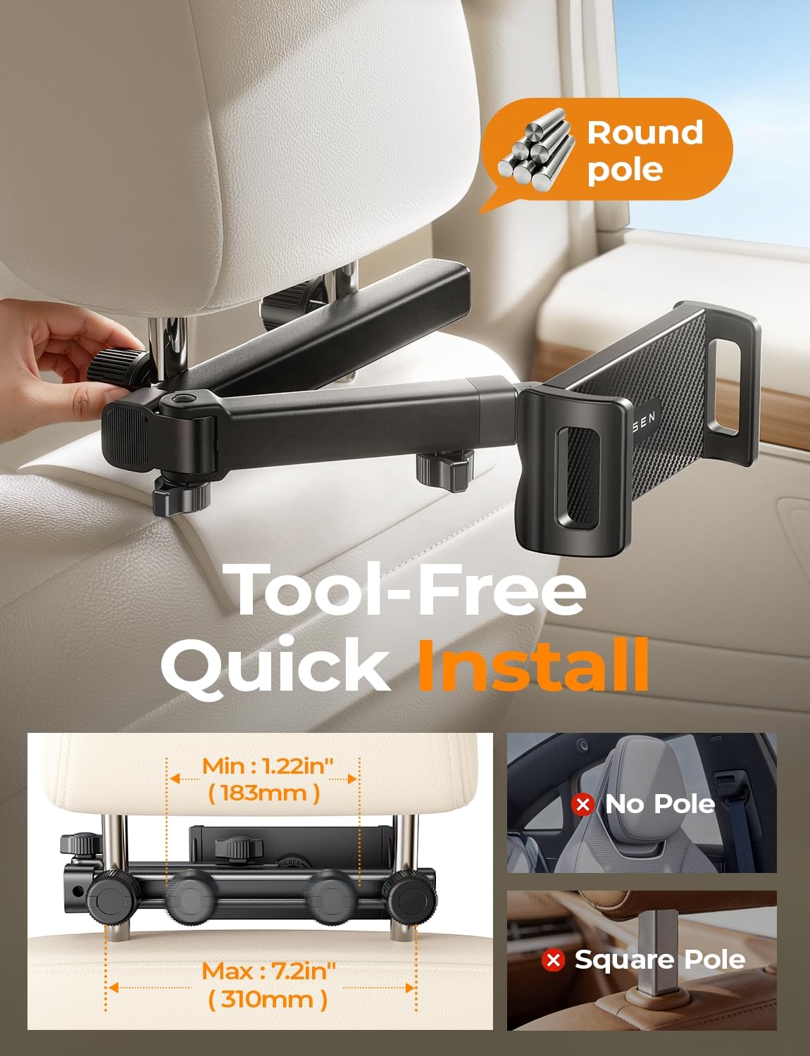 LISEN iPad Holder for Car Tablet Mount, 4 in 1 Adjust Arm Back Seat Stand 4.7-11.5“ Device