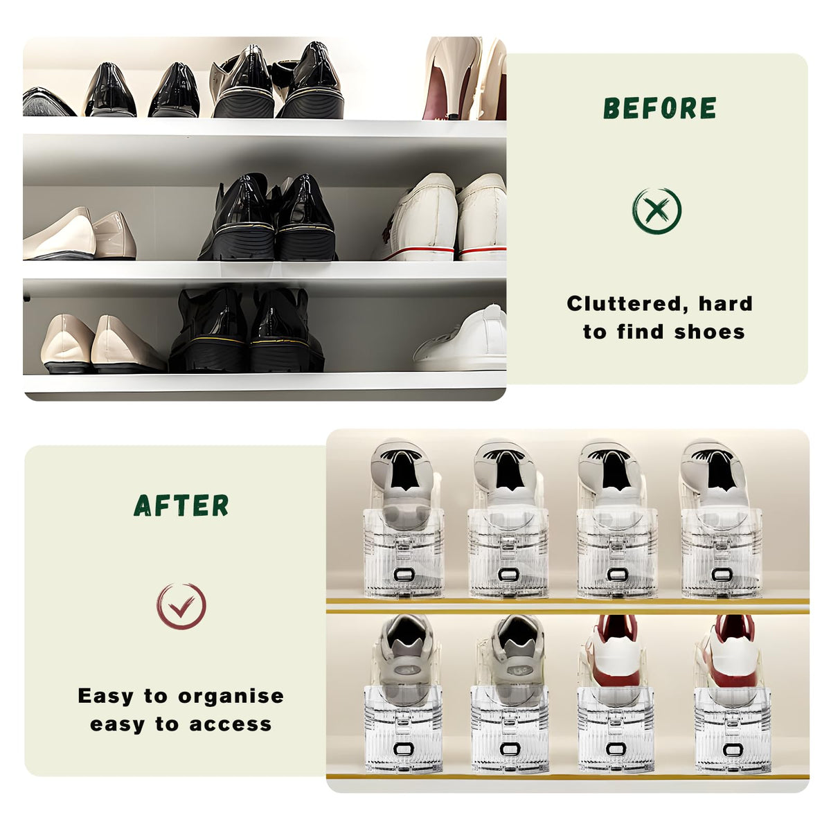 FENRUNXU Shoe Slots Organizer for Closet, Shoe Stacker Organizer Double Layer Stack Shoe Rack, Shoe Display Shelf 50% Space Saver Storage Holder for Closet, 12PACK Gold 12 Pack
