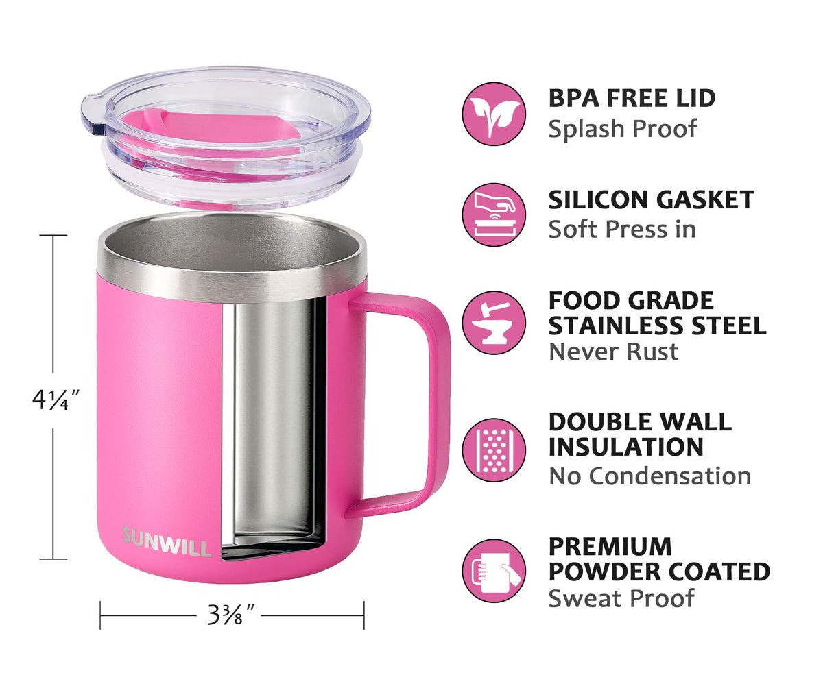 SUNWILL Insulated Coffee Mug, Stainless Steel 14 oz, Splash-Proof Lid Powder Coated Navy Blue 14 Ounces