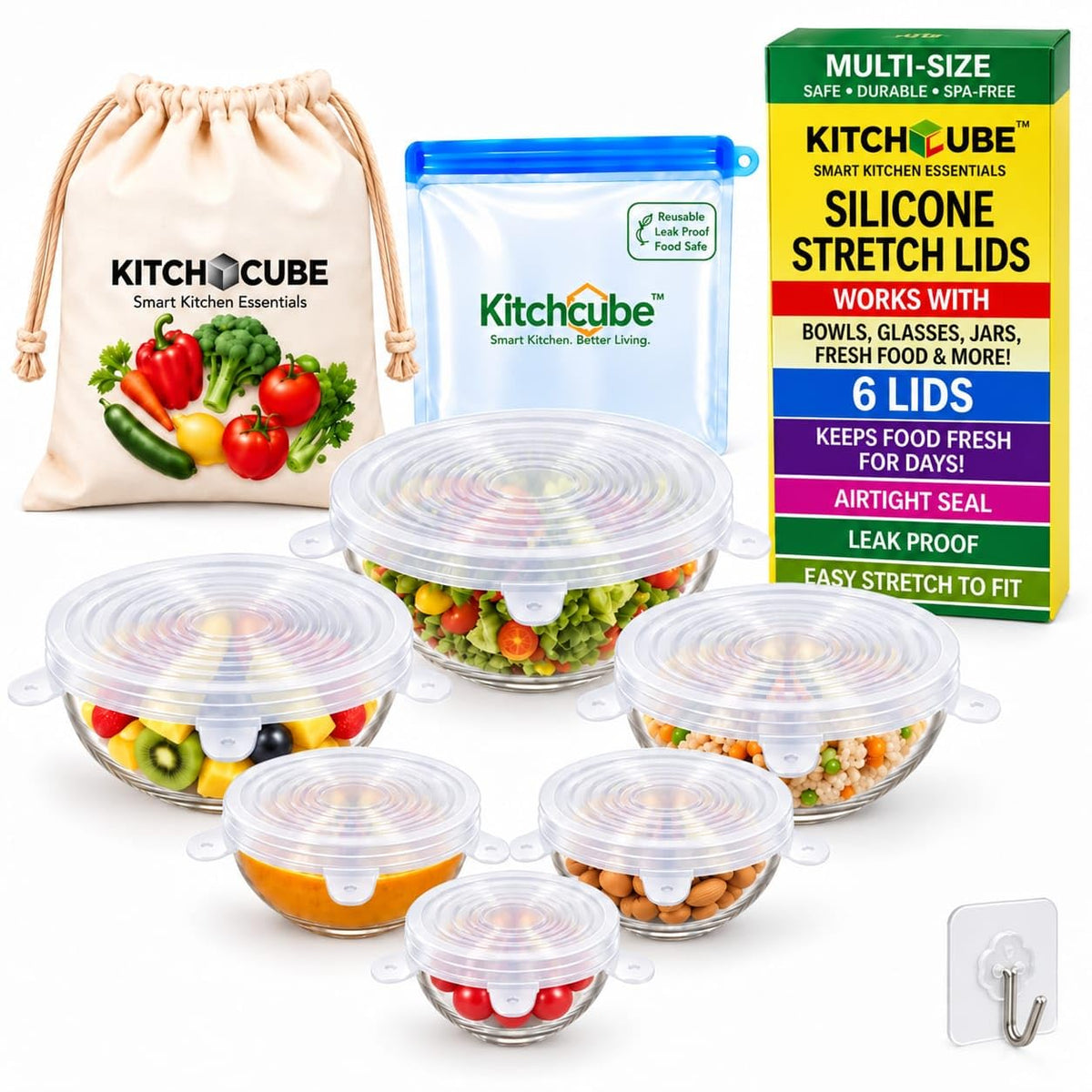 Silicone Lids for Food Storage, Reusable Silicone Stretch Lids for Bowls, Silicone Covers for Bowls & Containers, Airtight Flexible Bowl Covers for Kitchen Storage, White, Pack of 6