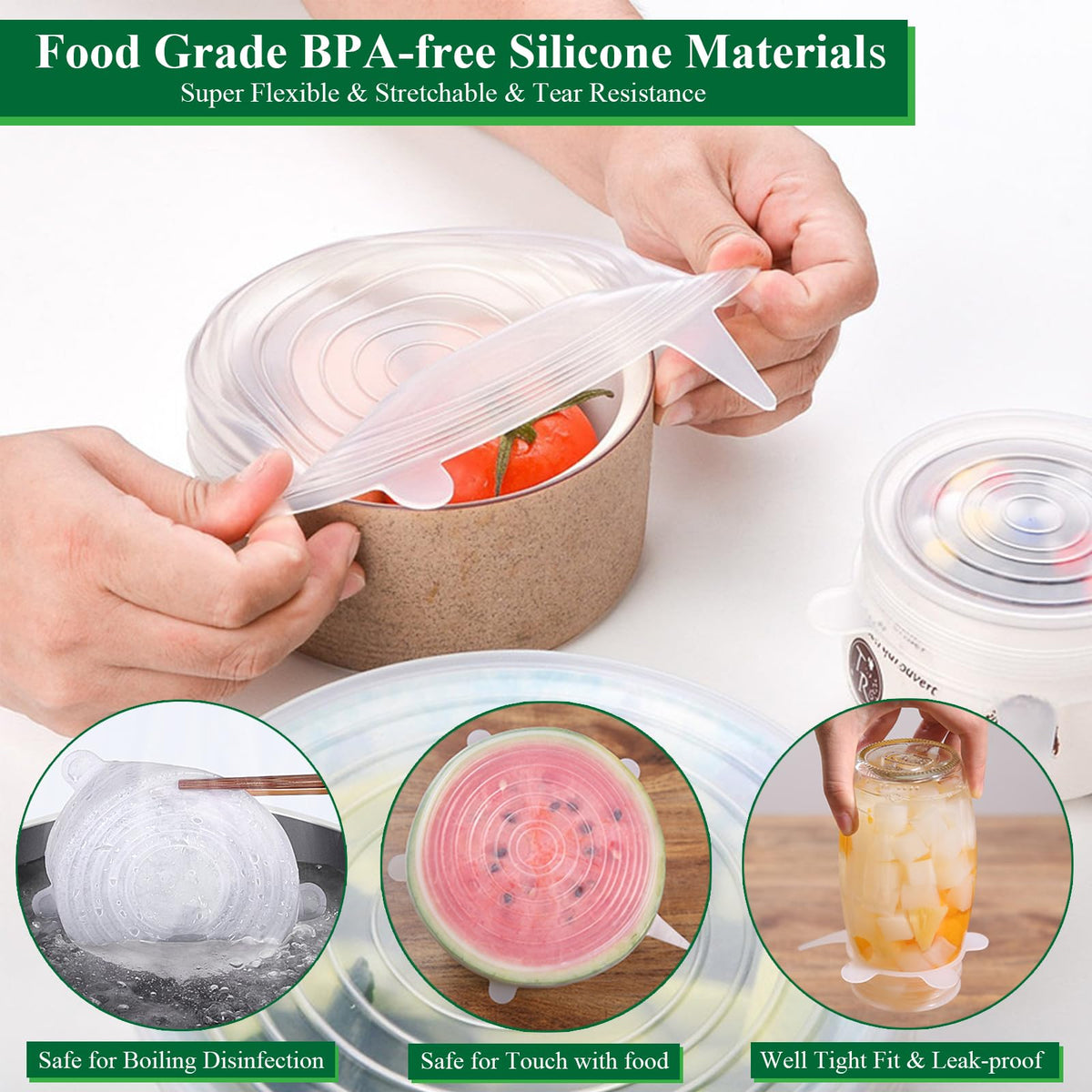 Silicone Stretch Lids, 12 Pack of Reusable Silicone Lids for Food Storage BPA-free Silicone Covers for Bowls, 6 Different Sizes to Fit Most Food Containers, Microwave & Dishwasher Use Safe All Transparent