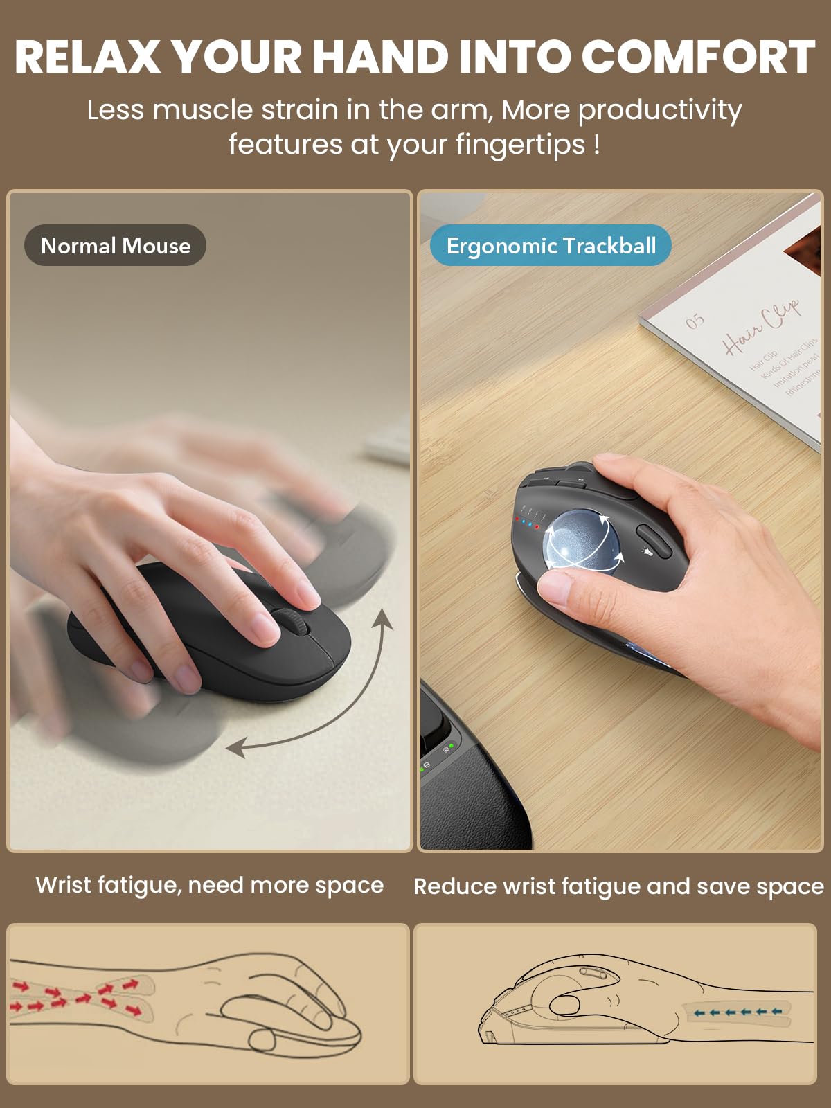 Ergonomic Wireless Trackball Mouse, Rechargeable Adjustable 0°/18° Angle Gray ball