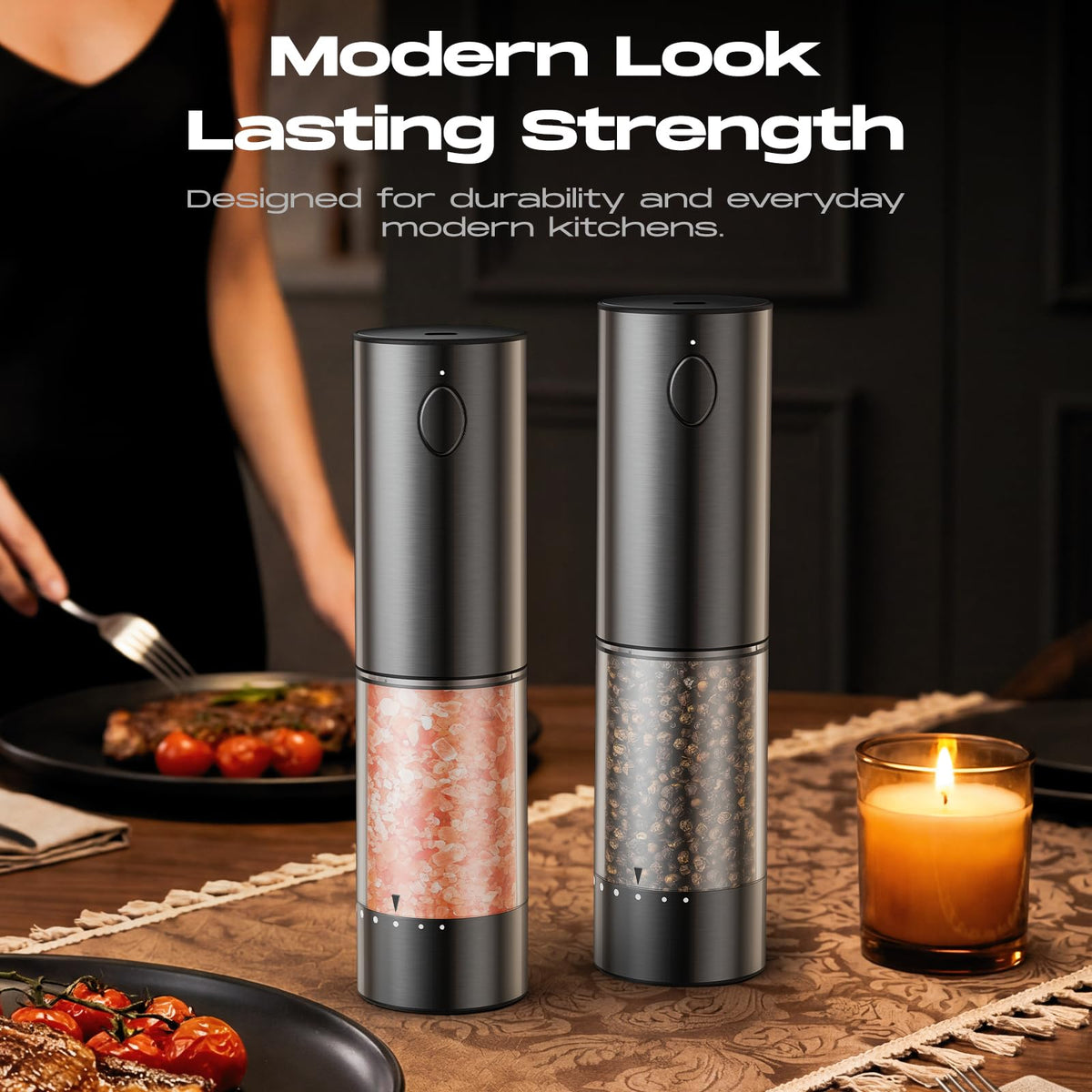 Electric Salt and Pepper Grinder Set, Battery Automatic Salt and Pepper Shaker with Adjustable Coarseness, Large Capacity Pepper Mill with LED White Elephant Gifts(Battery-Stainless Steel) Battery-Stainless Steel 2-Pack