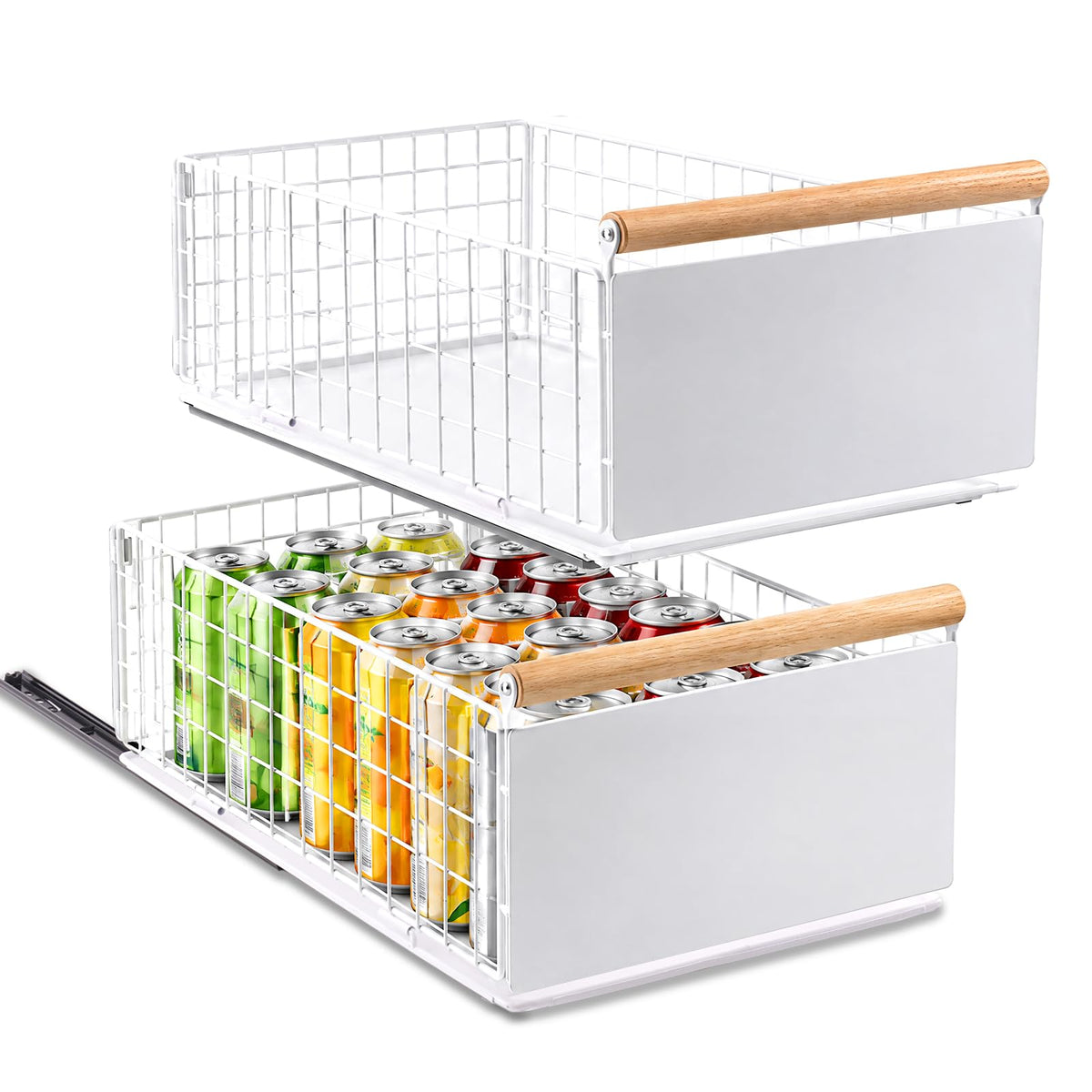 2 Pack Pull Out Cabinet Organizer Slide Out Storage Baskets with Wooden Handle, Spice Rack for Kitchen, Pantry Shelves No Drill Pullout Drawers for Under Sink, 6.6''H*9.3''W*15.7''D White 2 Pack