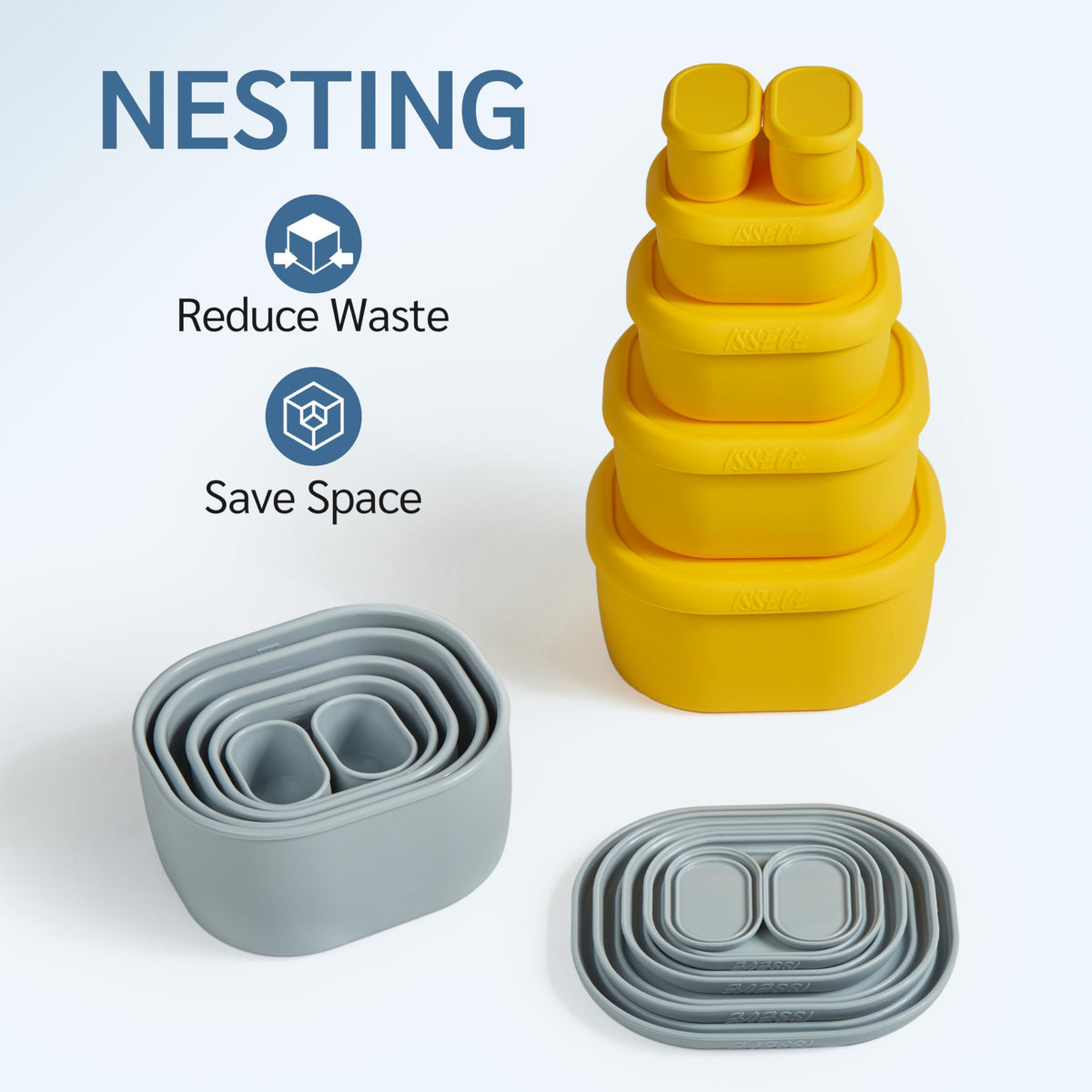 ISSEVE 12Pcs/Set Nesting Silicone Food Storage Containers with Lids Blue